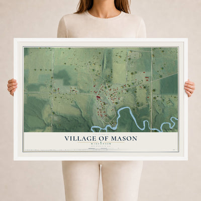 Map of Mason, Wisconsin, 24 x 36 inch print in a white wood frame