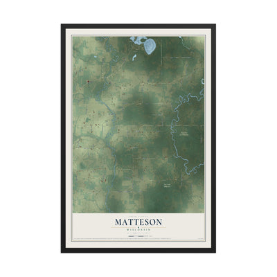 Map of Matteson, Wisconsin, 12 x 18 inch print in a black wood frame