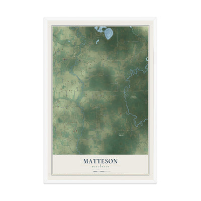 Map of Matteson, Wisconsin, 12 x 18 inch print in a white wood frame