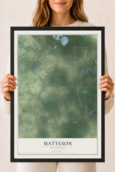 Map of Matteson, Wisconsin, 18 x 24 inch print in a black wood frame