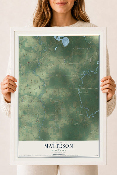Map of Matteson, Wisconsin, 18 x 24 inch print in a white wood frame