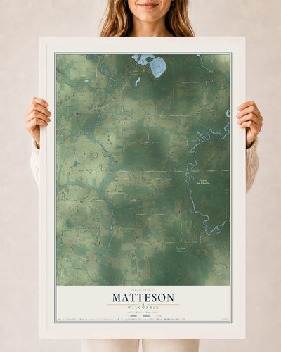Map of Matteson, Wisconsin, 24 x 36 inch print in a white wood frame