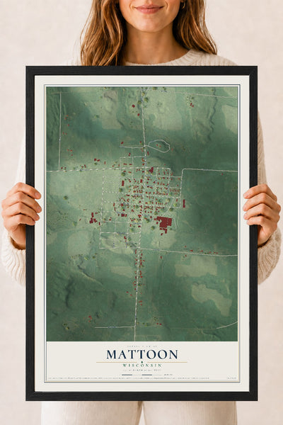 Map of Mattoon, Wisconsin, 18 x 24 inch print in a black wood frame