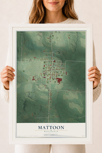 Map of Mattoon, Wisconsin, 18 x 24 inch print in a white wood frame