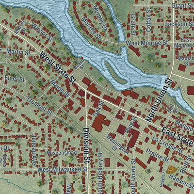 Close-up of the map of Mauston, Wisconsin print showing street and building detail