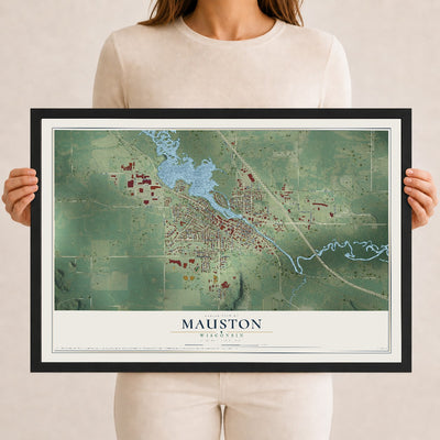 Map of Mauston, Wisconsin, 12 x 18 inch print in a black wood frame