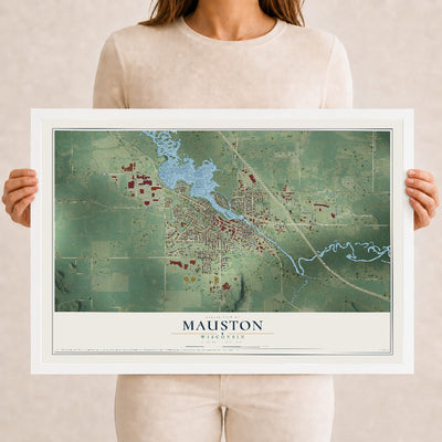Map of Mauston, Wisconsin, 12 x 18 inch print in a white wood frame
