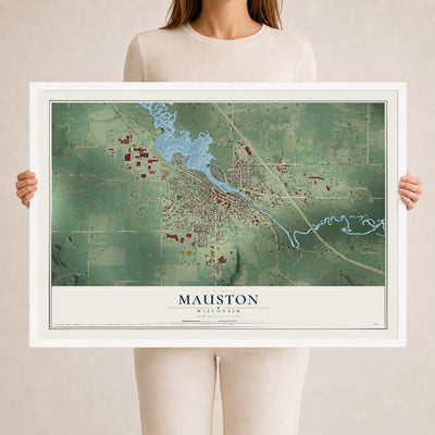 Map of Mauston, Wisconsin, 24 x 36 inch print in a white wood frame