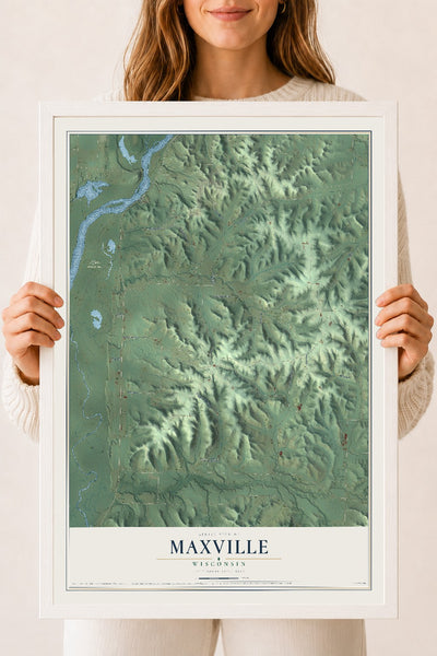 Map of Maxville, Wisconsin, 18 x 24 inch print in a white wood frame