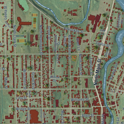 Close-up of the map of Mayville, Dodge County, Wisconsin print showing street and building detail