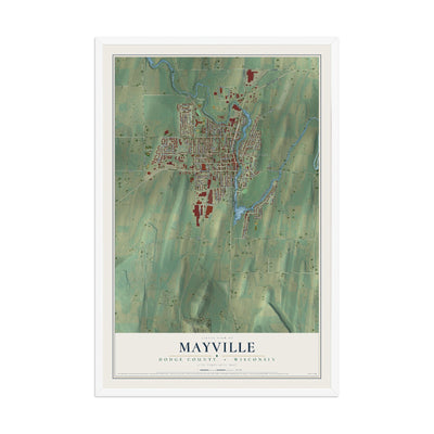 Map of Mayville, Dodge County, Wisconsin, 12 x 18 inch print in a white wood frame