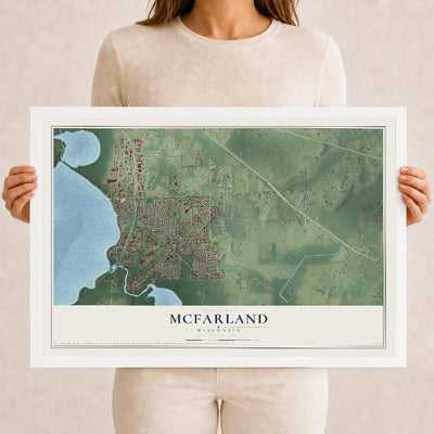 Map of McFarland, Wisconsin, 12 x 18 inch print in a white wood frame
