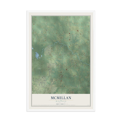 Map of McMillan, Wisconsin, 12 x 18 inch print in a white wood frame