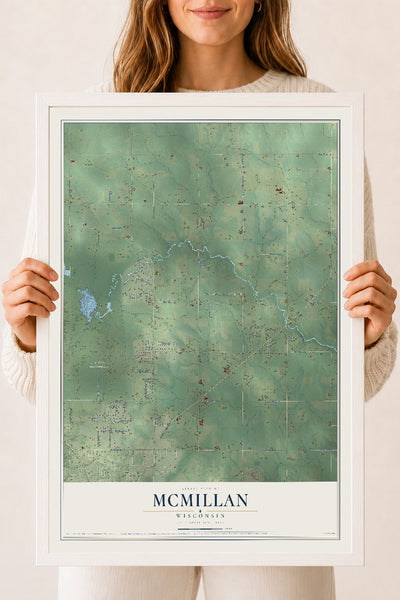 Map of McMillan, Wisconsin, 18 x 24 inch print in a white wood frame