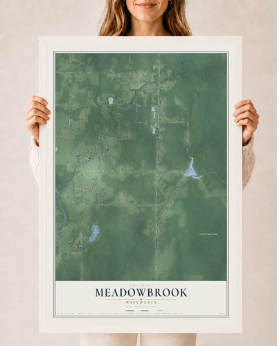 Map of Meadowbrook, Wisconsin, 24 x 36 inch print in a white wood frame