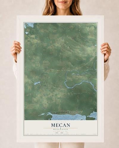 Map of Mecan, Wisconsin, 24 x 36 inch print in a white wood frame