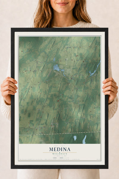 Map of Medina, Wisconsin, 18 x 24 inch print in a black wood frame