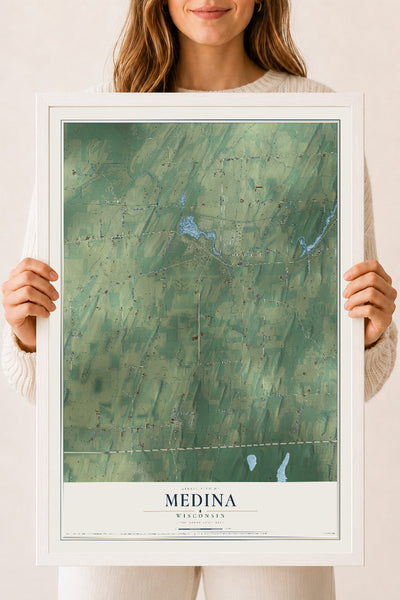 Map of Medina, Wisconsin, 18 x 24 inch print in a white wood frame
