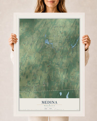 Map of Medina, Wisconsin, 24 x 36 inch print in a white wood frame