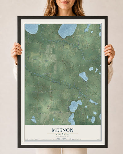 Map of Meenon, Wisconsin, 24 x 36 inch print in a black wood frame