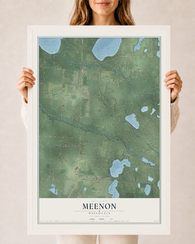 Map of Meenon, Wisconsin, 24 x 36 inch print in a white wood frame