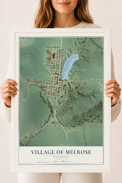 Map of Melrose, Wisconsin, 18 x 24 inch print in a white wood frame