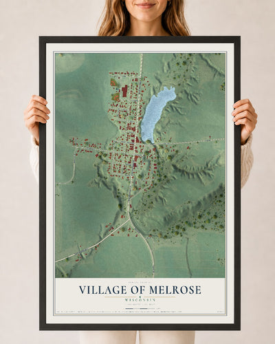 Map of Melrose, Wisconsin, 24 x 36 inch print in a black wood frame