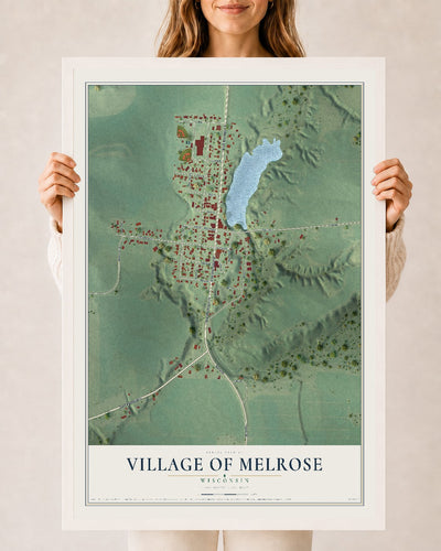 Map of Melrose, Wisconsin, 24 x 36 inch print in a white wood frame