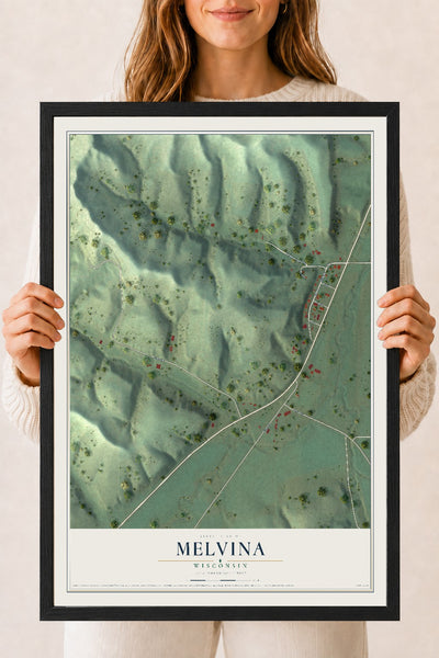 Map of Melvina, Wisconsin, 18 x 24 inch print in a black wood frame