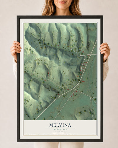 Map of Melvina, Wisconsin, 24 x 36 inch print in a black wood frame