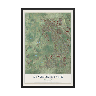 Map of Menomonee Falls, Wisconsin, 12 x 18 inch print in a black wood frame
