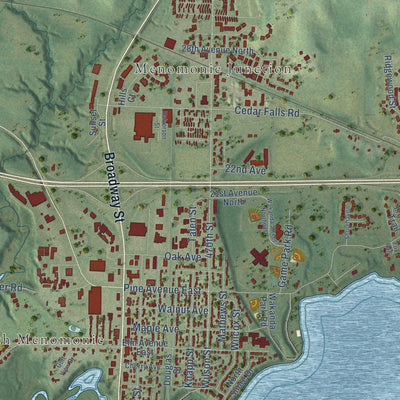 Second close-up of the map of Menomonie, Wisconsin print showing more streets and buildings