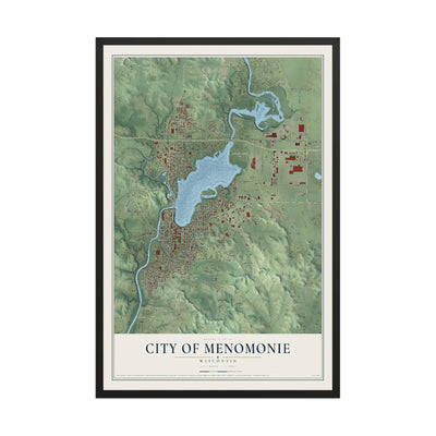 Map of Menomonie, Wisconsin, 12 x 18 inch print in a black wood frame