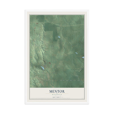 Map of Mentor, Wisconsin, 12 x 18 inch print in a white wood frame