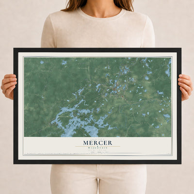Map of Mercer, Wisconsin, 12 x 18 inch print in a black wood frame