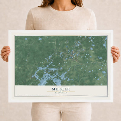 Map of Mercer, Wisconsin, 12 x 18 inch print in a white wood frame