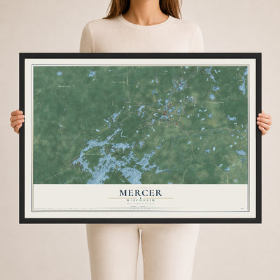 Map of Mercer, Wisconsin, 24 x 36 inch print in a black wood frame