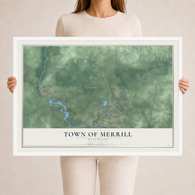 Map of the Town of Merrill, Wisconsin, 24 x 36 inch print in a white wood frame