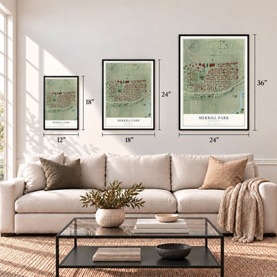 Merrill Park, Wisconsin map in 12 x 18, 18 x 24 and 24 x 36 inch sizes above a sofa