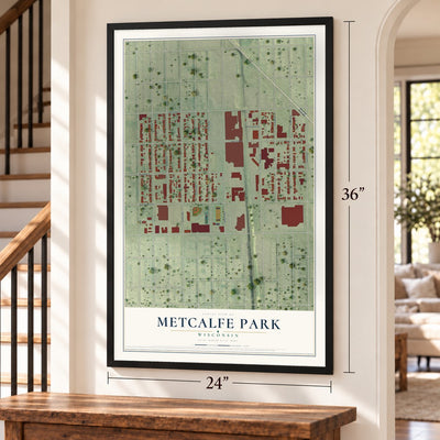 Metcalfe Park, Wisconsin map, 24 x 36 inch print in a black frame by a staircase