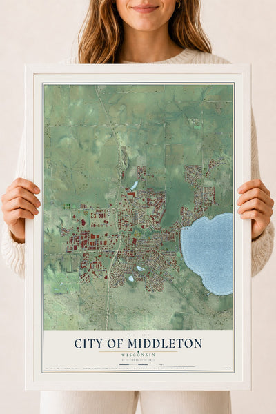 Map of Middleton, Wisconsin, 18 x 24 inch print in a white wood frame