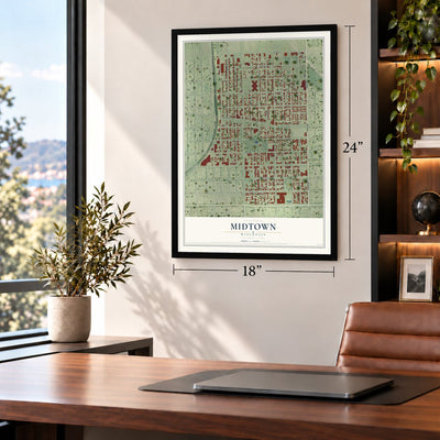 Midtown, Wisconsin map, 18 x 24 inch print in a black frame in a home office