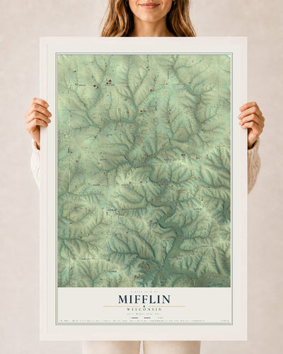 Map of Mifflin, Wisconsin, 24 x 36 inch print in a white wood frame