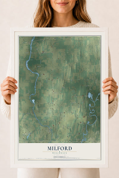 Map of Milford, Wisconsin, 18 x 24 inch print in a white wood frame