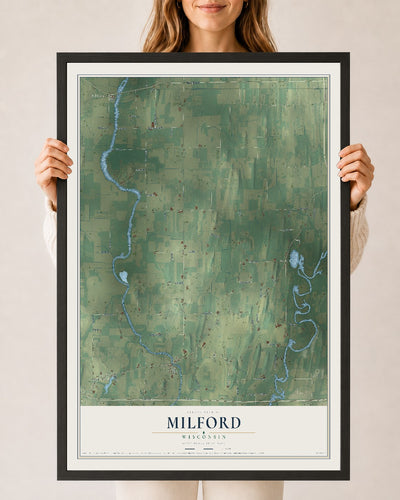 Map of Milford, Wisconsin, 24 x 36 inch print in a black wood frame