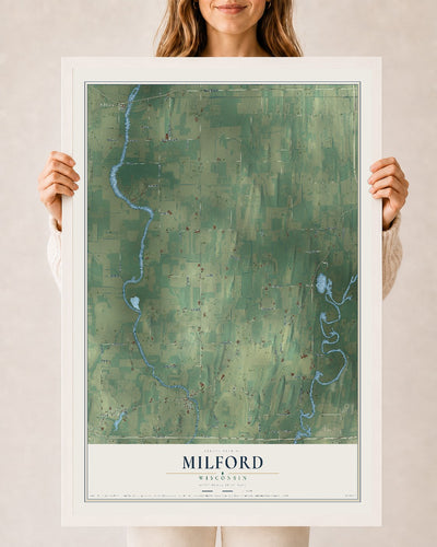 Map of Milford, Wisconsin, 24 x 36 inch print in a white wood frame