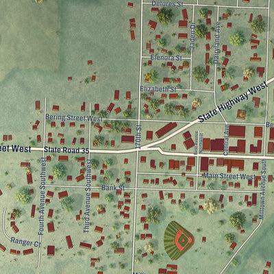Close-up of the map of Milltown, Wisconsin print showing street and building detail
