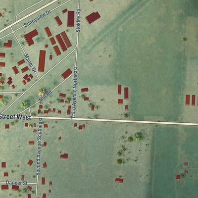 Second close-up of the map of Milltown, Wisconsin print showing more streets and buildings