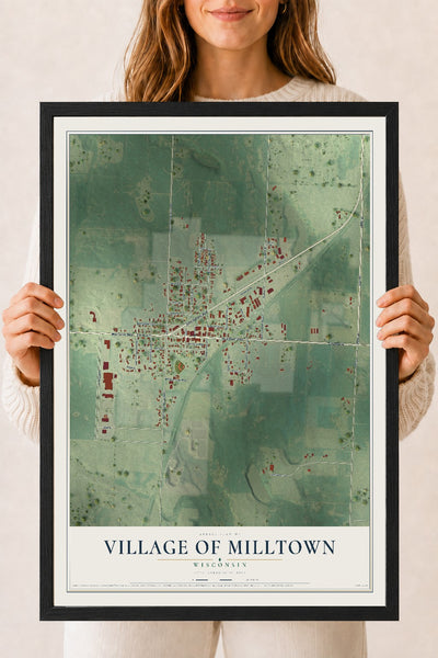 Map of Milltown, Wisconsin, 18 x 24 inch print in a black wood frame