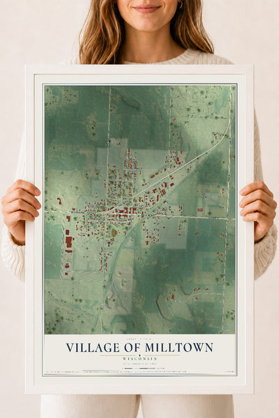 Map of Milltown, Wisconsin, 18 x 24 inch print in a white wood frame